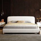 Japandi Minimalist Upholstered Platform Boucle Bed with Wooden Legs.