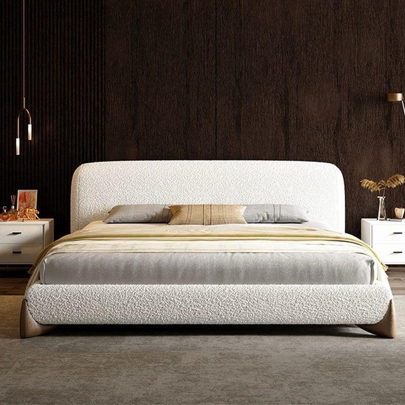 Japandi Minimalist Upholstered Platform Boucle Bed with Wooden Legs.