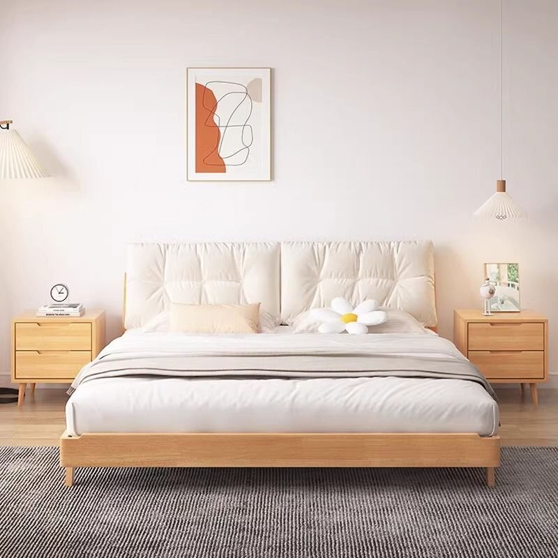 Scandinavian Minimalist Wooden Bed with Tufted Padded Headboard.