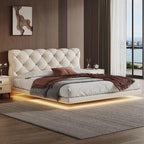 Floating Lighting Bed Frame with Tufted Headboard.