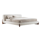 Japandi Minimalist Upholstered Platform Boucle Bed with Wooden Legs.
