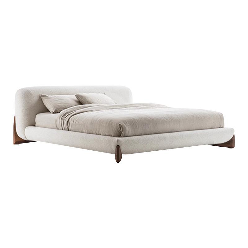 Japandi Minimalist Upholstered Platform Boucle Bed with Wooden Legs.