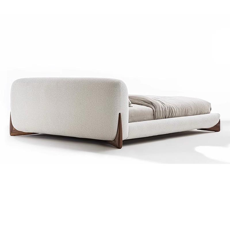 Japandi Minimalist Upholstered Platform Boucle Bed with Wooden Legs.