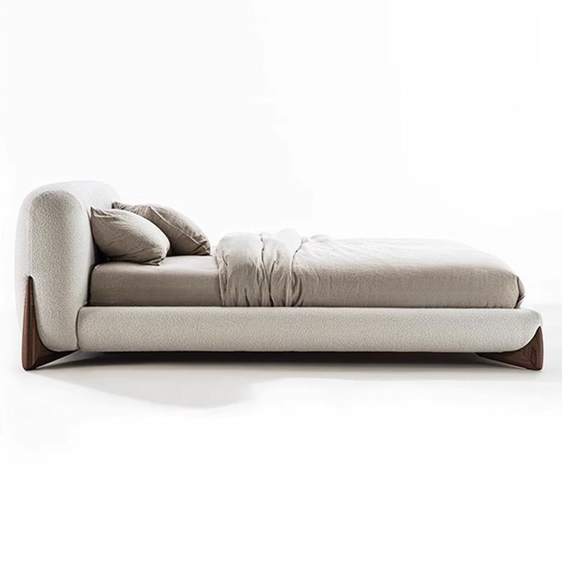 Japandi Minimalist Upholstered Platform Boucle Bed with Wooden Legs.