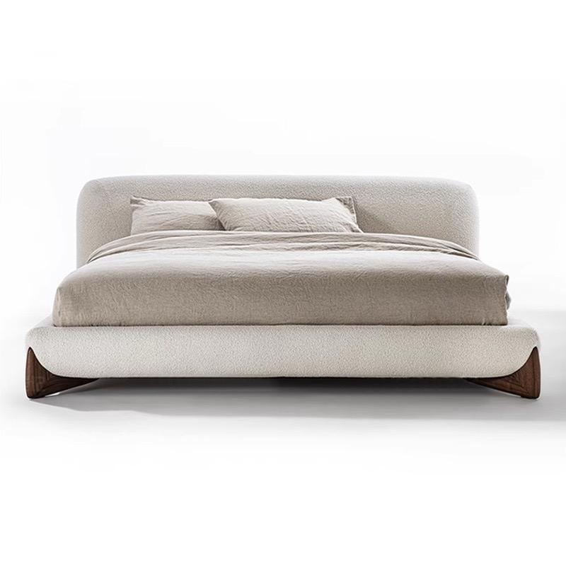 Japandi Minimalist Upholstered Platform Boucle Bed with Wooden Legs.