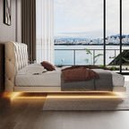 Floating Lighting Bed Frame with Tufted Headboard.