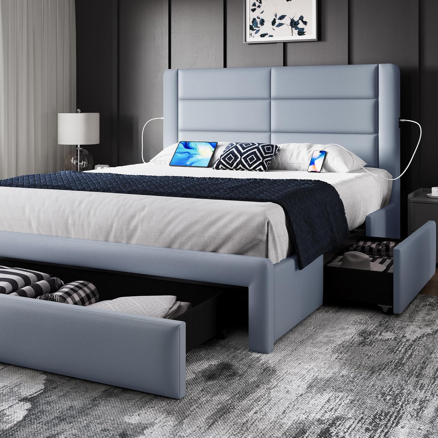 Modern Bed with Storage Drawers, USB Ports, High Upholstered Headboard.
