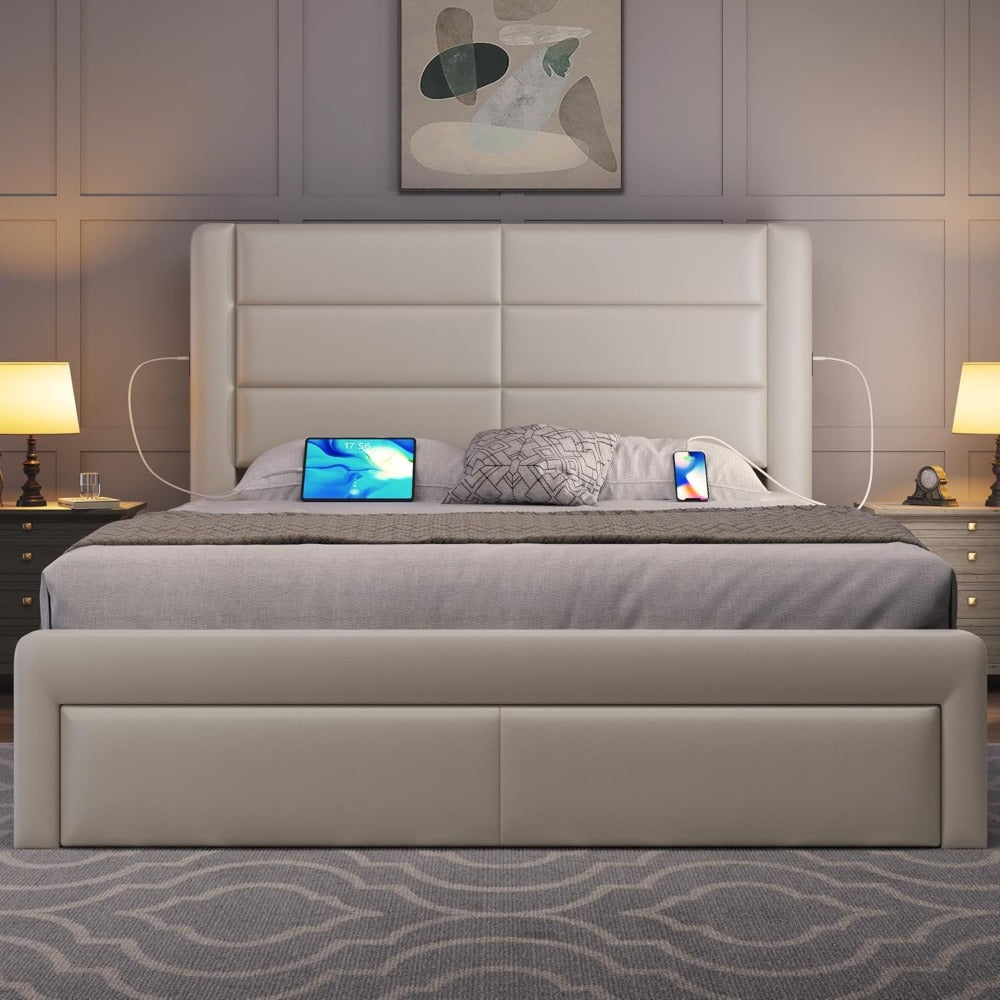 Modern Bed with Storage Drawers, USB Ports, High Upholstered Headboard.