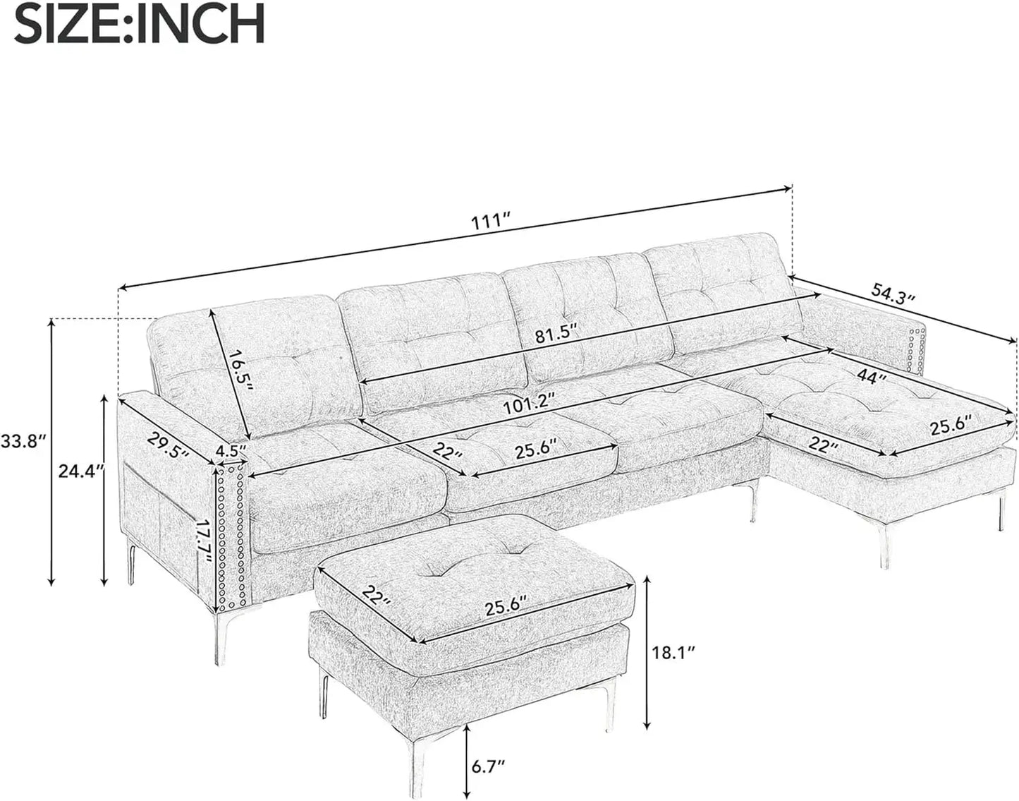 U Shape Upholstered Couch with Chaise, Convertible Sofa Couch