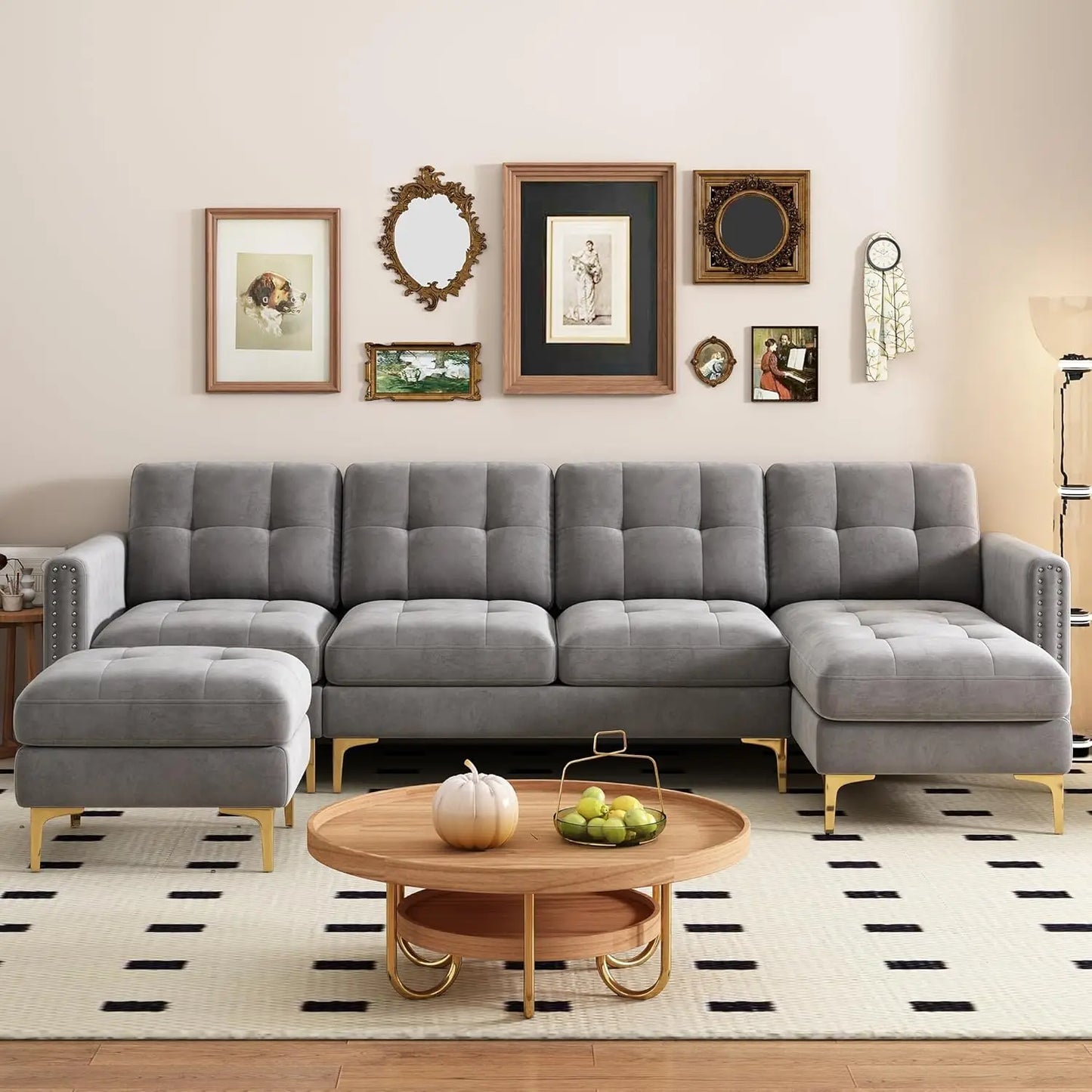 U Shape Upholstered Couch with Chaise, Convertible Sofa Couch