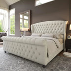 Sophisticated Sleigh Bed with Button Tufted Design.
