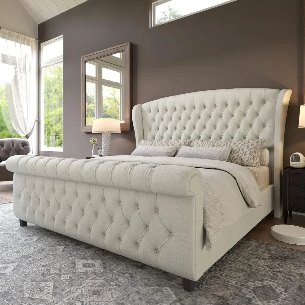 Sophisticated Sleigh Bed with Button Tufted Design.