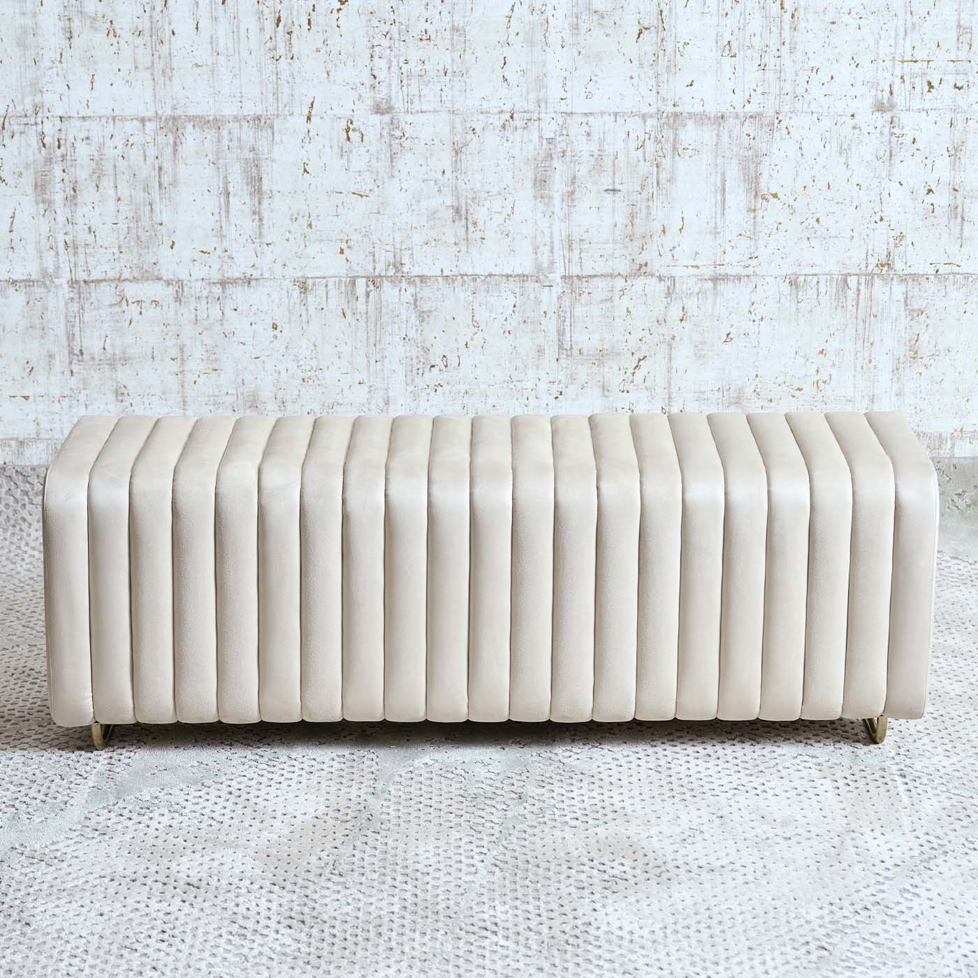 Bench, Electro coppering Metal Base, Upholstered in Cream Fabric and Pu