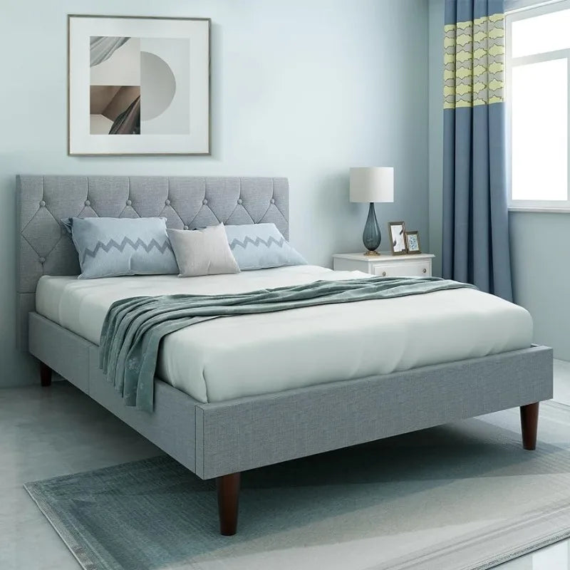 Classic Upholstered Bed with Deep Button Tufting Headboard.