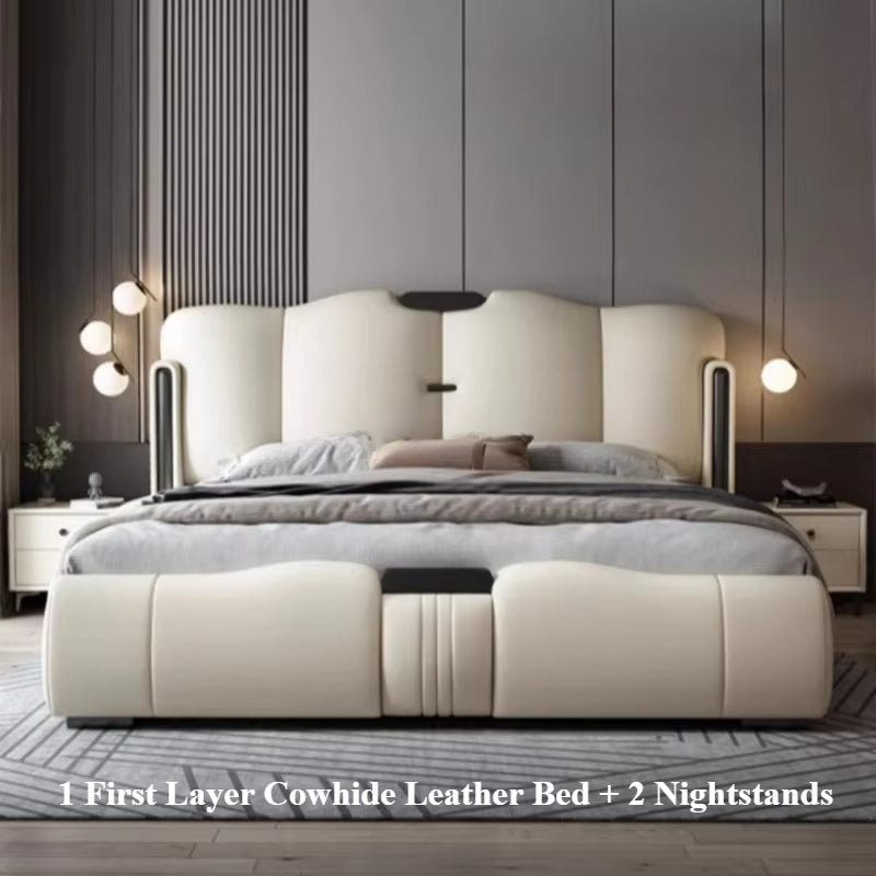 Queen Size Leather Bed Double Set Backrest White Modern Storage Bedroom Beds