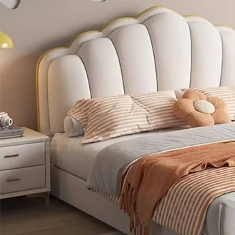 Waterproof Frame Double Bed Princess Beige Large Wooden Luxury Double Bed Headboards Storage