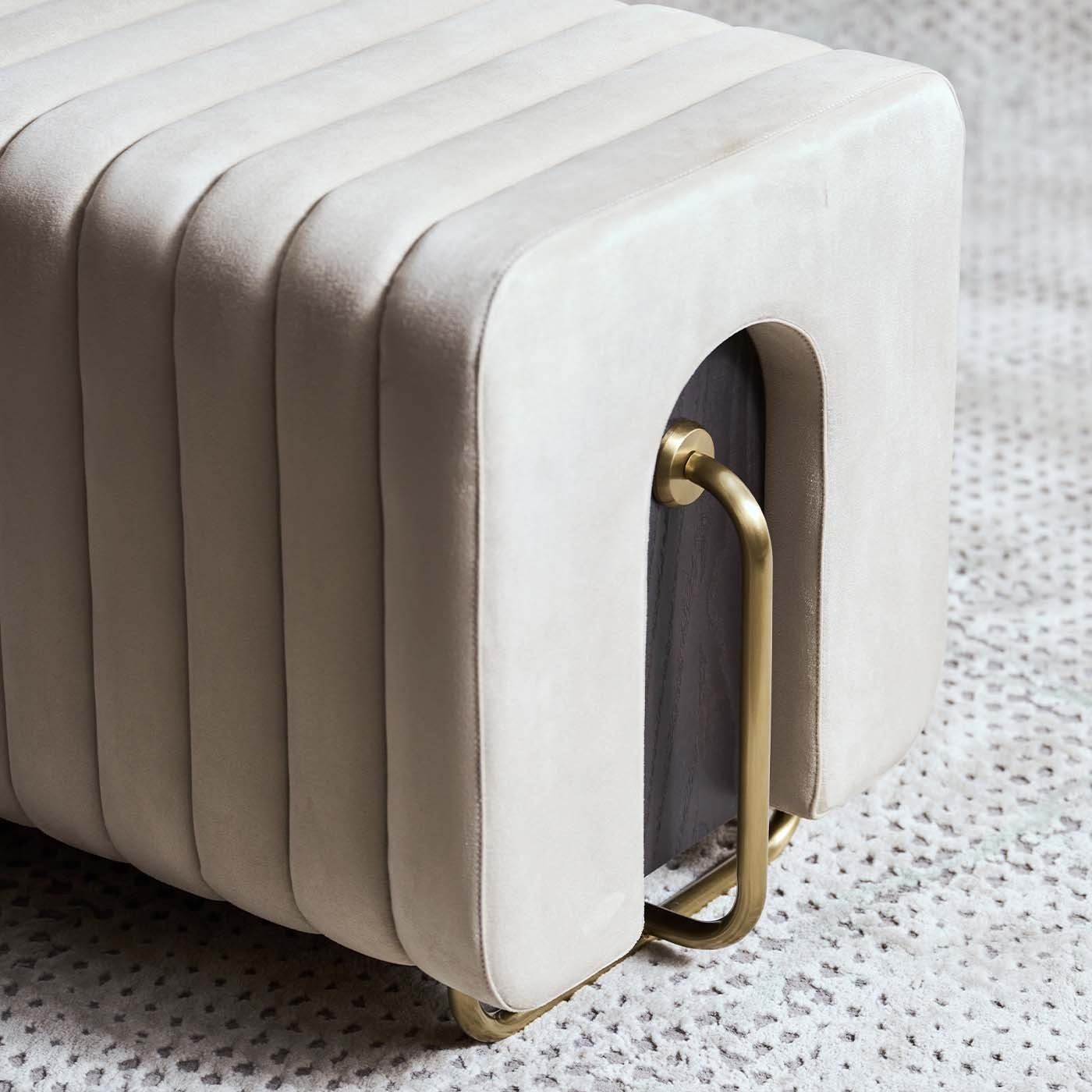 Bench, Electro coppering Metal Base, Upholstered in Cream Fabric and Pu