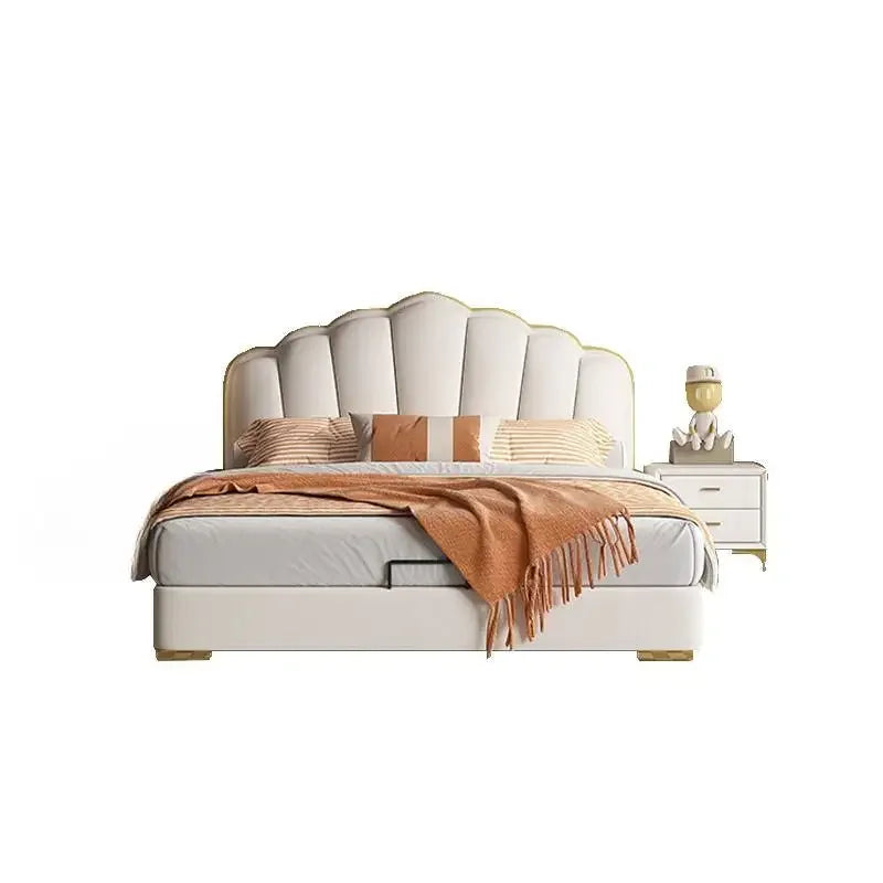 Waterproof Frame Double Bed Princess Beige Large Wooden Luxury Double Bed Headboards Storage