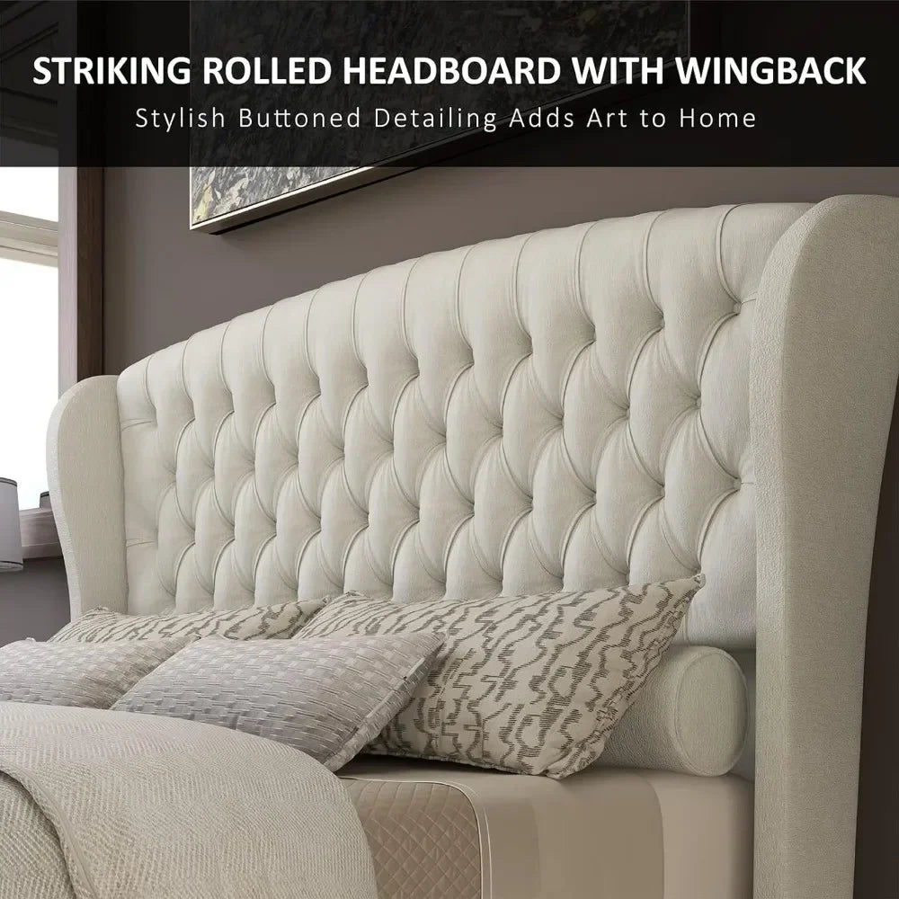 Sophisticated Sleigh Bed with Button Tufted Design.