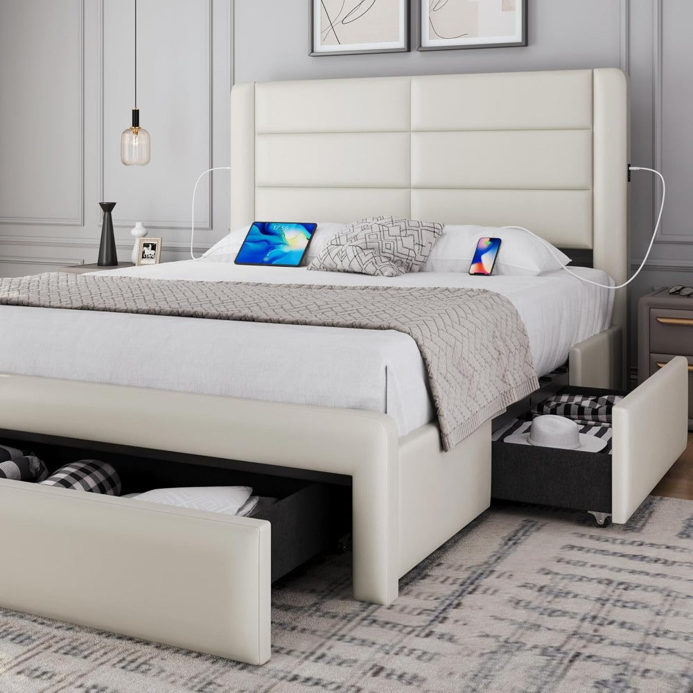 Modern Bed with Storage Drawers, USB Ports, High Upholstered Headboard.