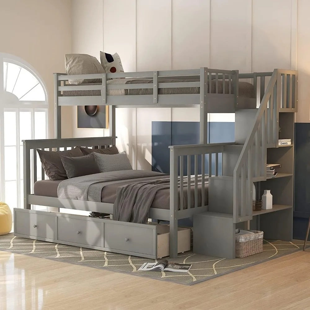 Twin Over Full Wood Bunk Bed with Stairs, Storage Drawers for Kids Teens.