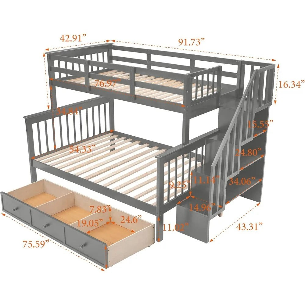 Twin Over Full Wood Bunk Bed with Stairs, Storage Drawers for Kids Teens.