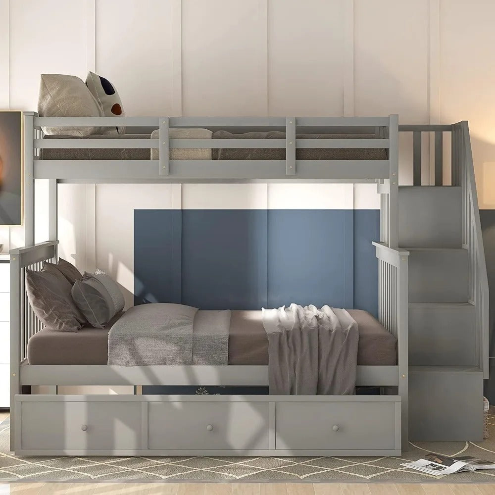 Twin Over Full Wood Bunk Bed with Stairs, Storage Drawers for Kids Teens.