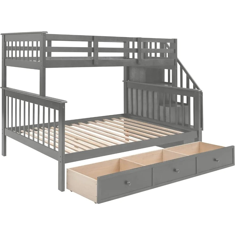 Twin Over Full Wood Bunk Bed with Stairs, Storage Drawers for Kids Teens.