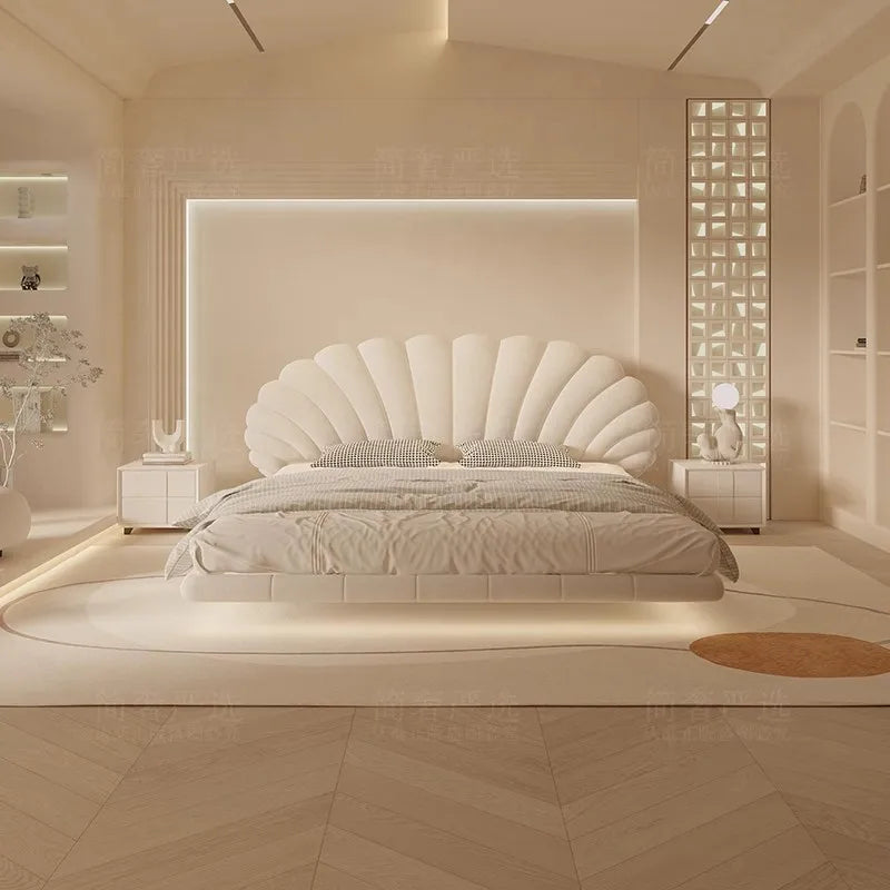 Floating Lighted Bed with Headboard in Seashell Style.