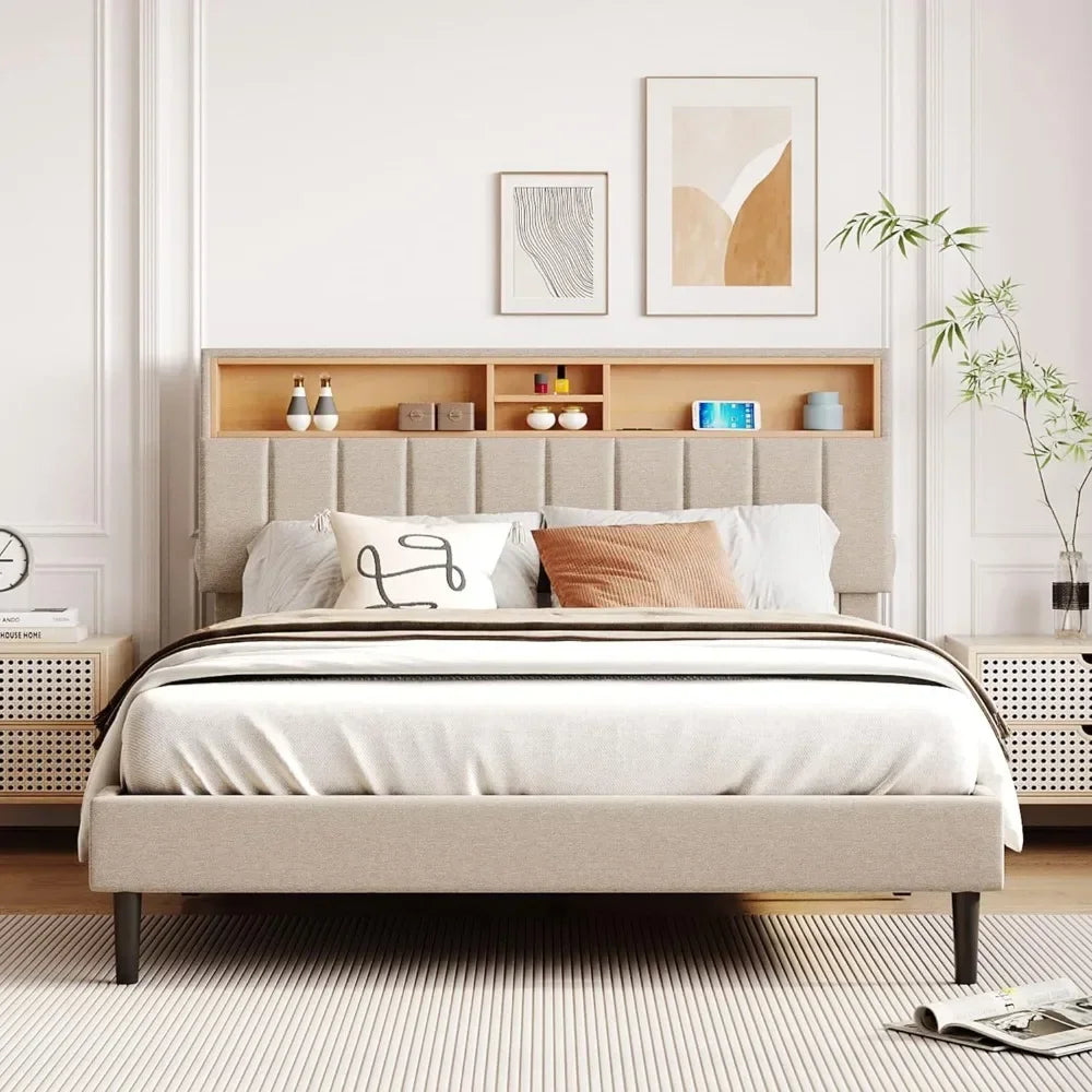 headboard with storage and USB ports, full, grey modern upholstered platform bed frame