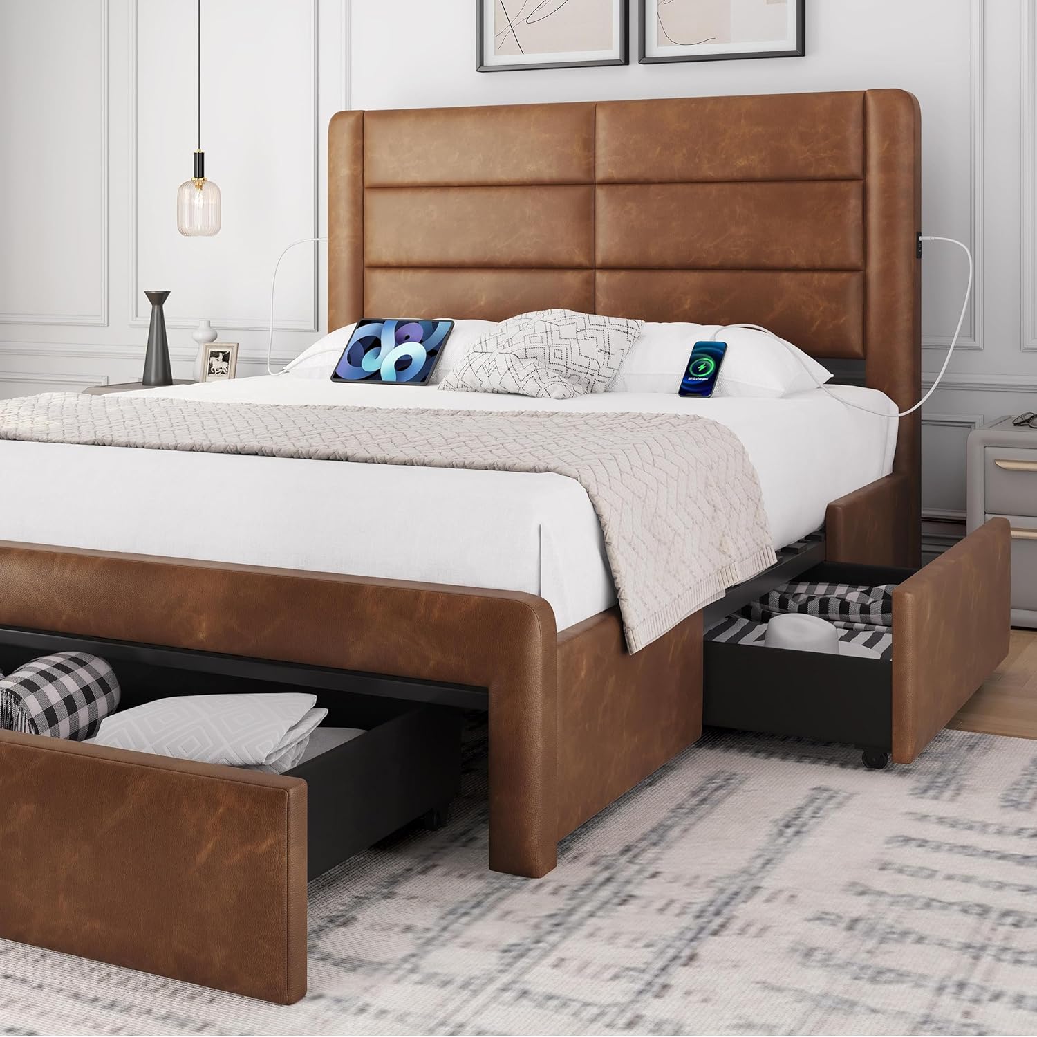 Modern Bed with Storage Drawers, USB Ports, High Upholstered Headboard.