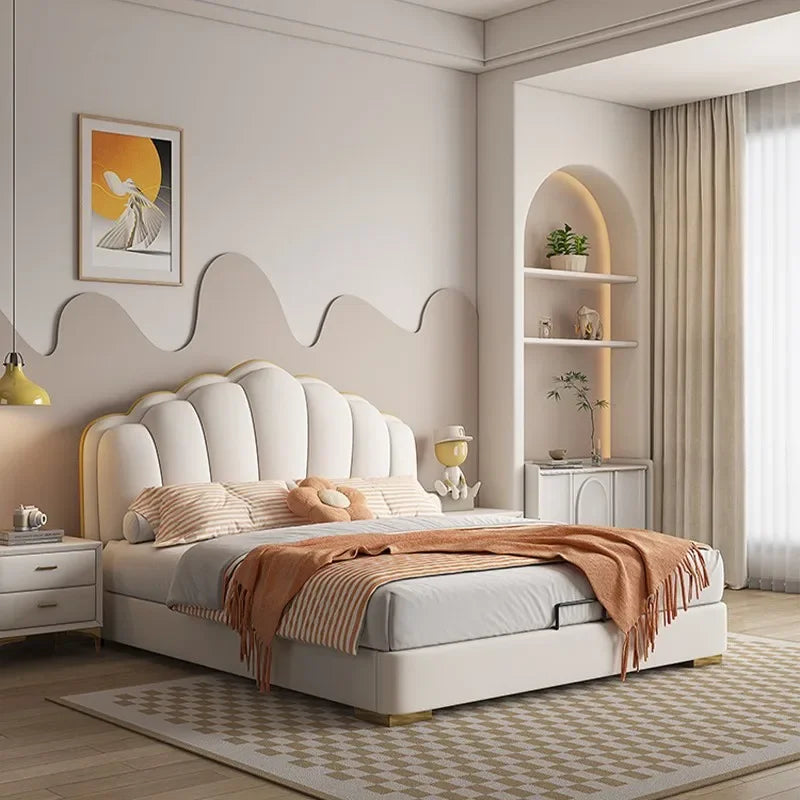 Waterproof Frame Double Bed Princess Beige Large Wooden Luxury Double Bed Headboards Storage