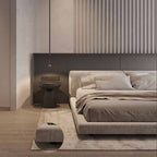 Modern Minimalist Low-Profile Bed Frame with Puffy Headboard.